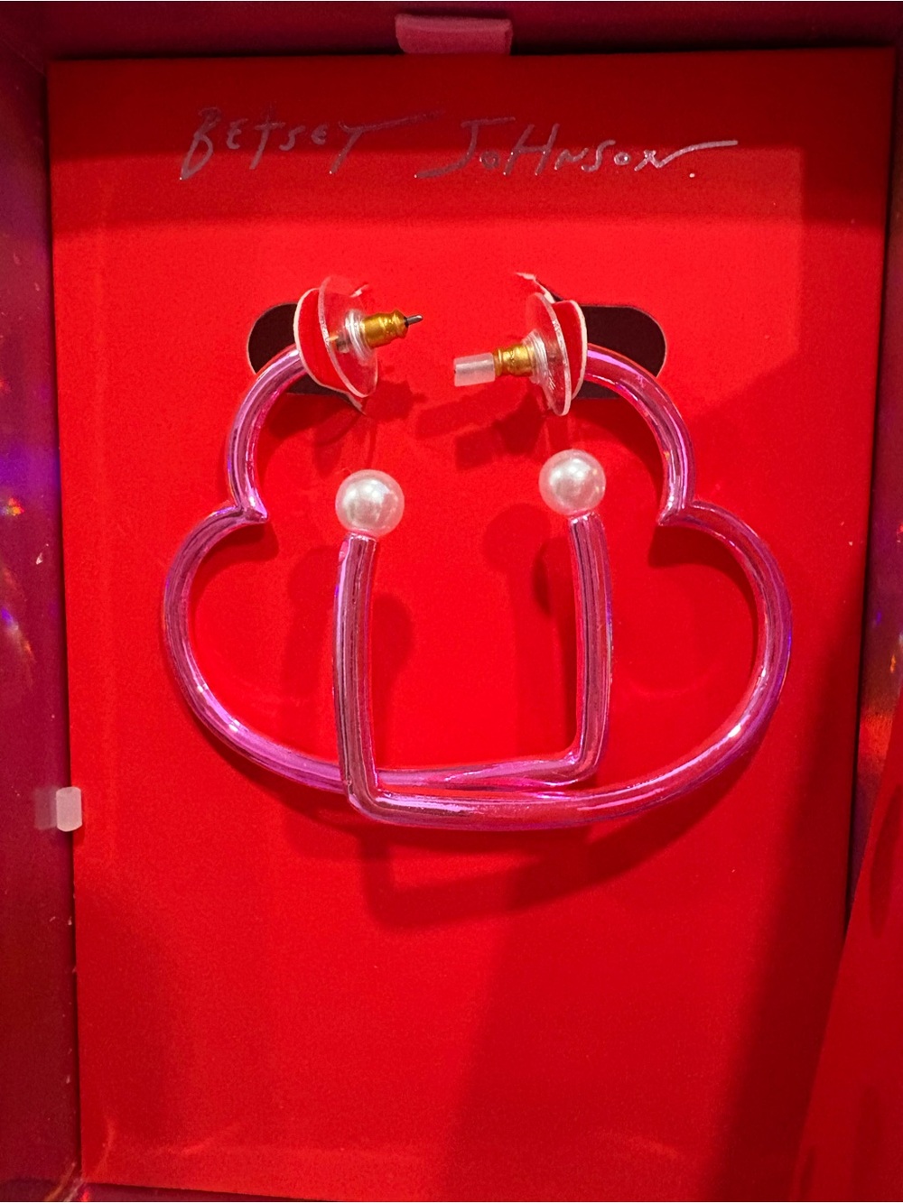 NIB Betsey Johnson Love Spell Pink Metallic Heart Hoop Earrings - Picture 2 of 7
